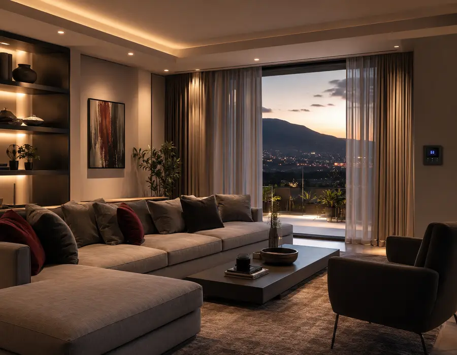 Sala de hogar inteligente con iluminación y cortinas automatizadas