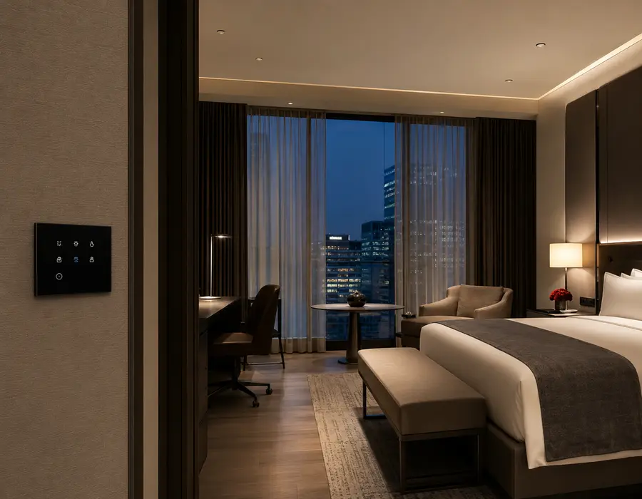 Habitación hotelera inteligente con iluminación y climatización automatizadas
