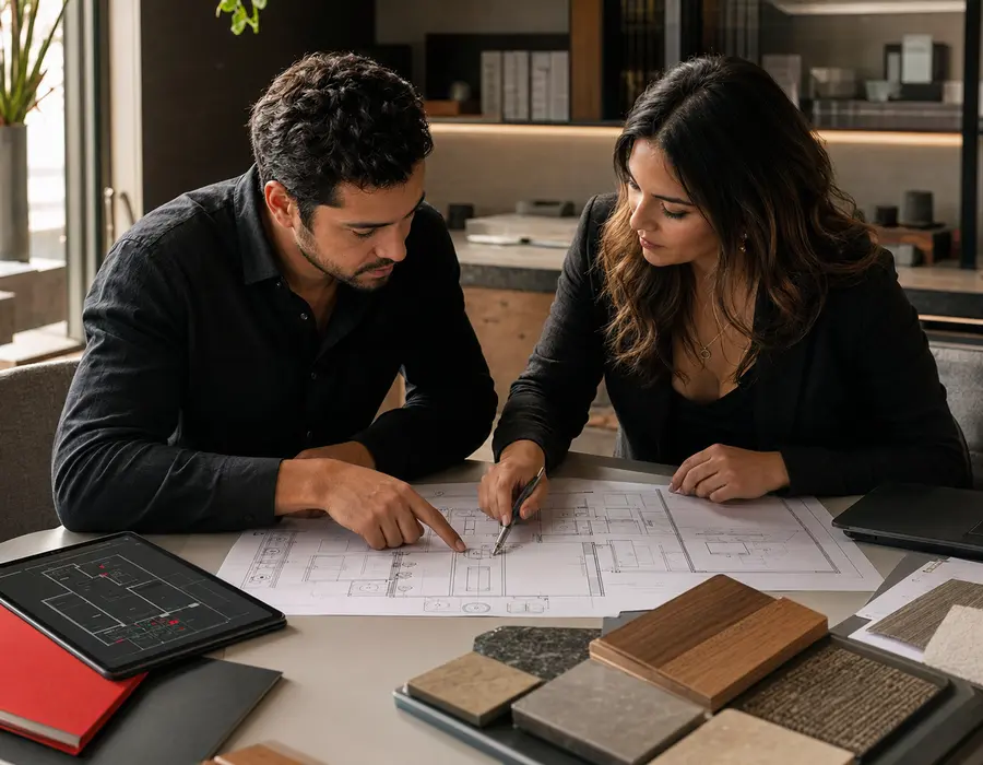 Arquitectos revisando planos para un proyecto de automatización