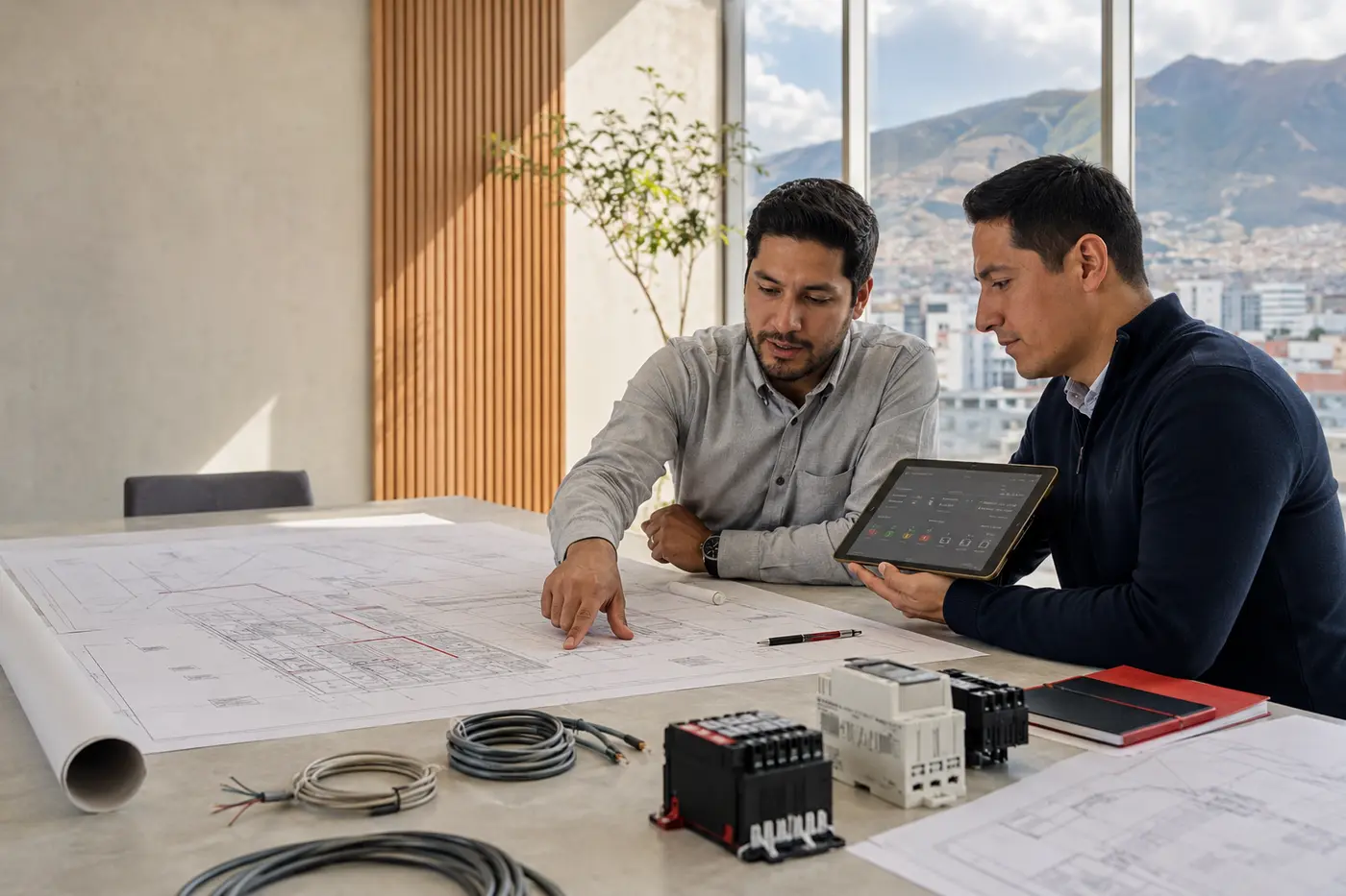 Equipo técnico de TIS Control Ecuador revisando planos y una solución de automatización